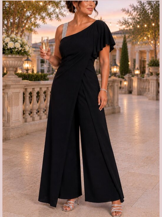 Roz & Ali Pants - Rhinestone Strap Asymmetric Flutter Sleeve Overlay Jumpsuit